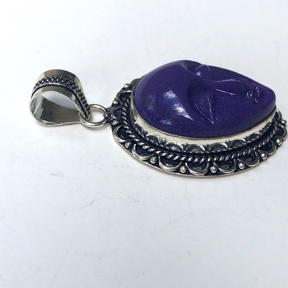 Handmade Carved Purple Resin Face Sterling Silver 925 Pendant - Picture 5 of 6